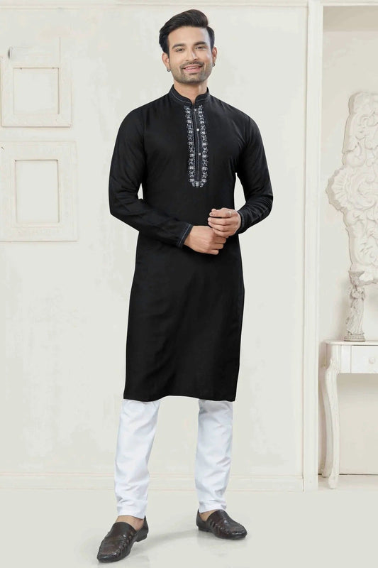 Black Pintex and Embroidery Cotton Kurta Pajama NCKP11110555