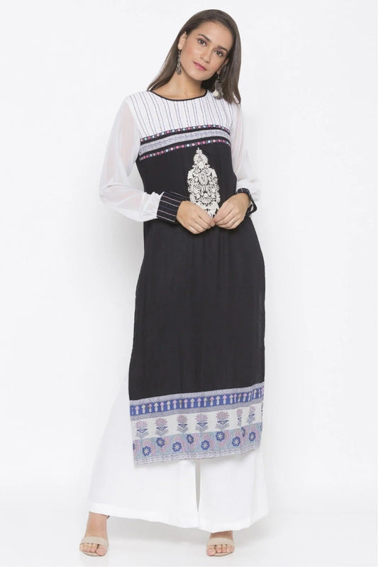 Black Plus Size Cotton Embroidery Kurta Set NCKR10710286