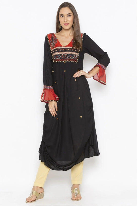 Black Plus Size Cotton Embroidery Kurta Set NCKR10710290