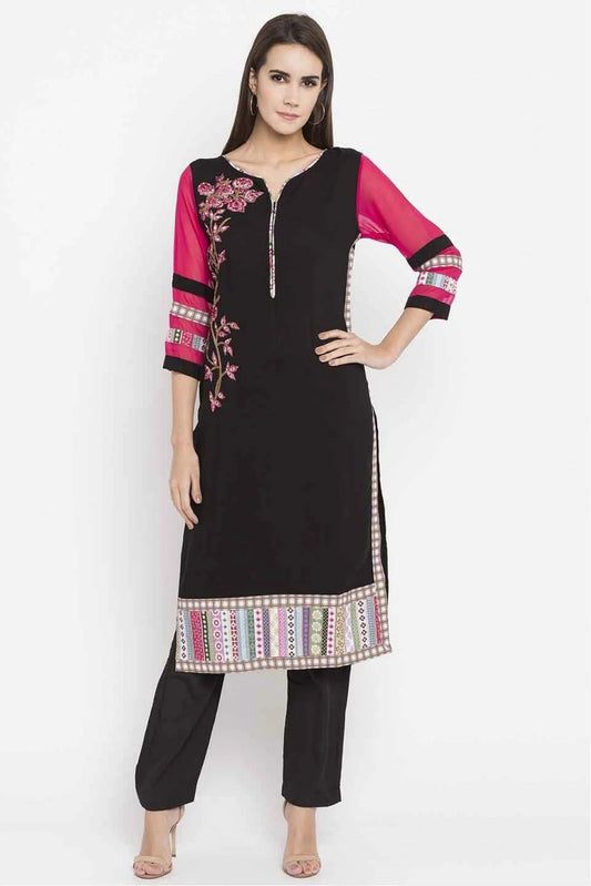Black Plus Size Cotton Embroidery Kurti NCKR10710190