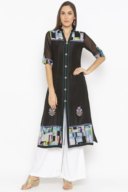 Black Plus Size Crepe Embroidery Kurta Set NCKR10710399