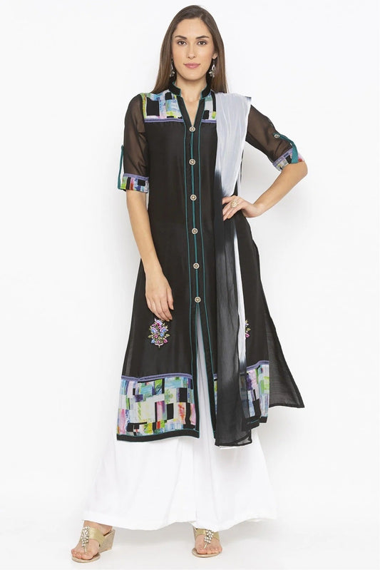 Black Plus Size Crepe Embroidery Palazzo Pant Suit NCSS10710617