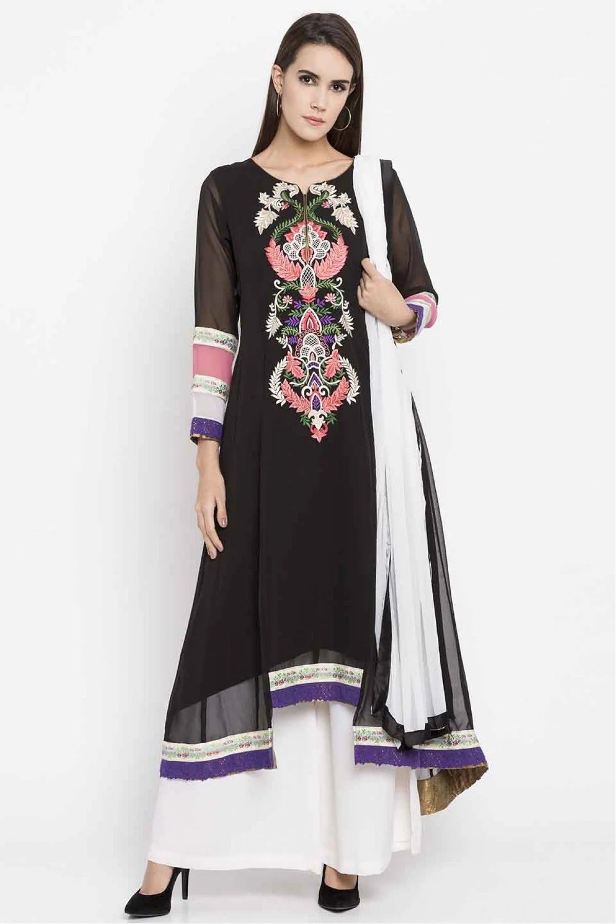 Black Plus Size Faux Georgette Palazzo Suit NCSS10710492