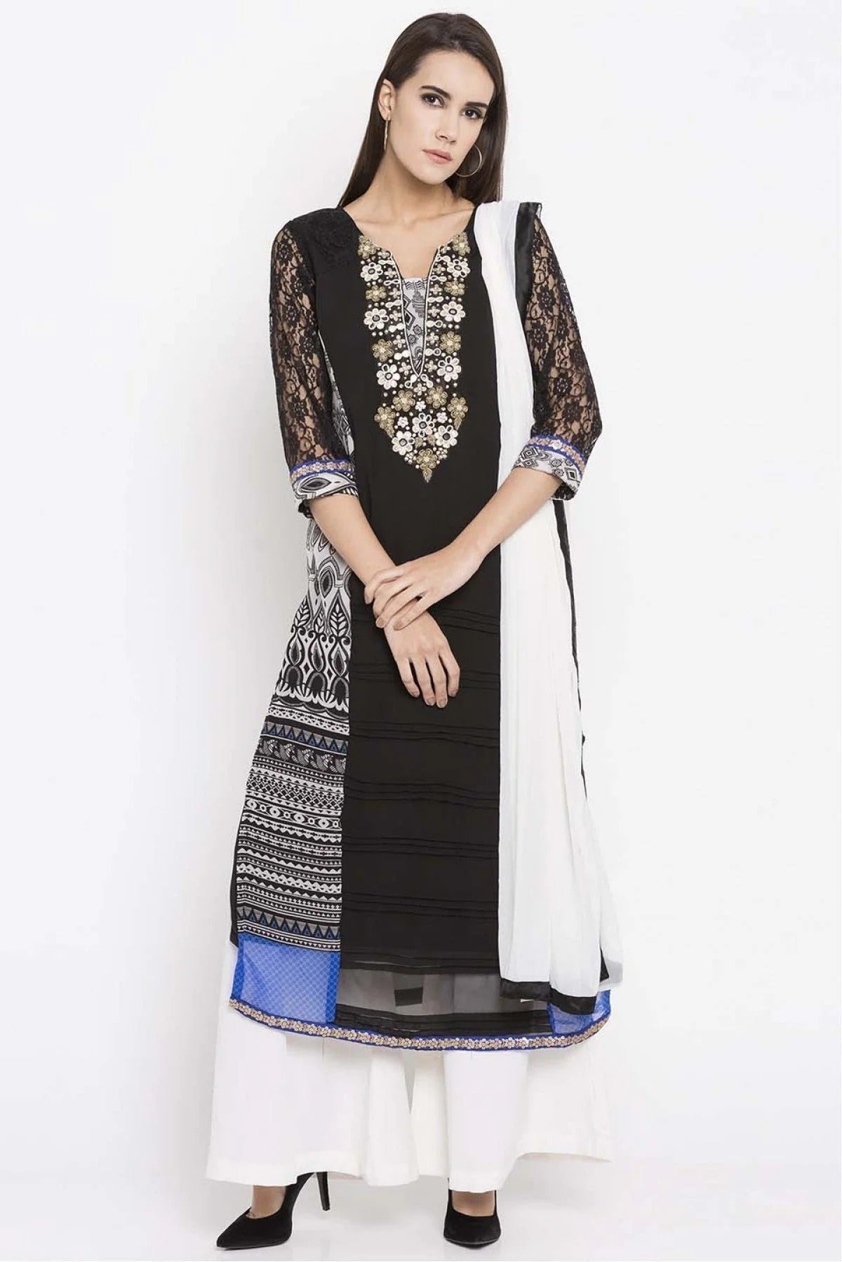 Black Plus Size Faux Georgette Palazzo Suit NCSS10710498