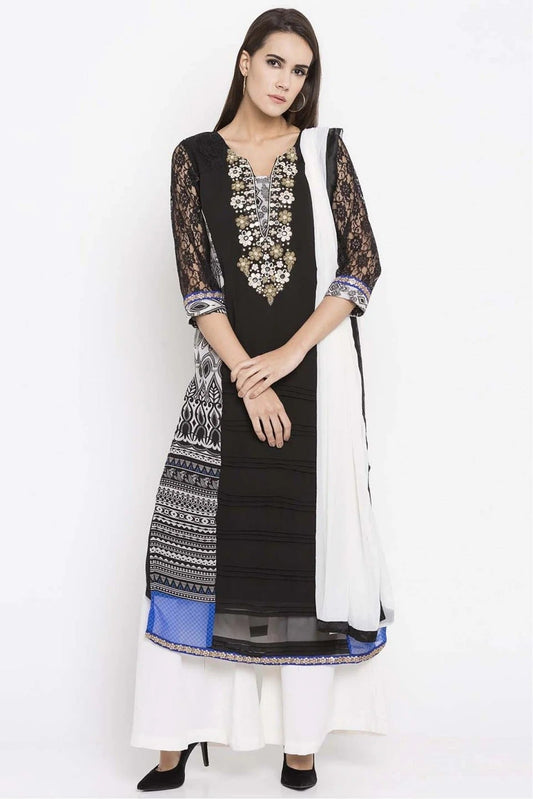Black Plus Size Faux Georgette Palazzo Suit NCSS10710498