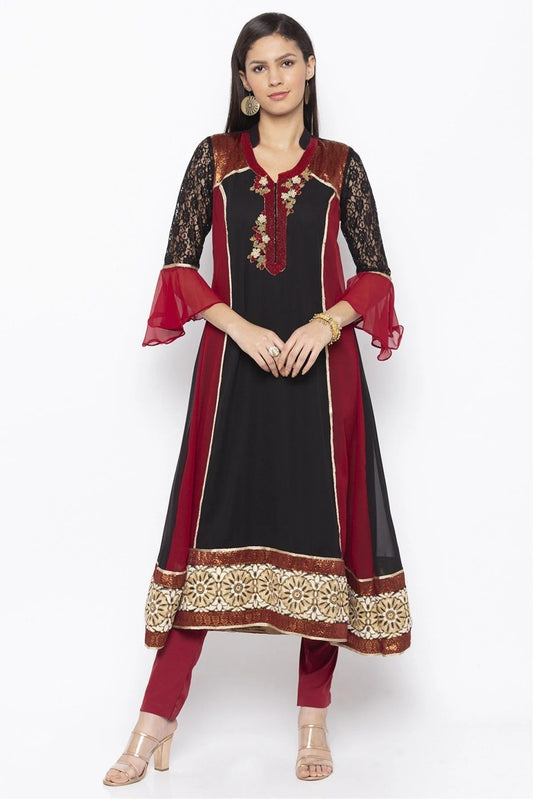 Black Plus Size Georgette Embroidery Kurta Set NCKR10710250