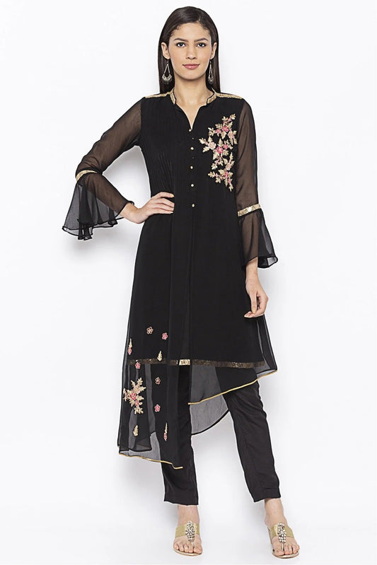 Black Plus Size Georgette Embroidery Kurta Set NCKR10710272