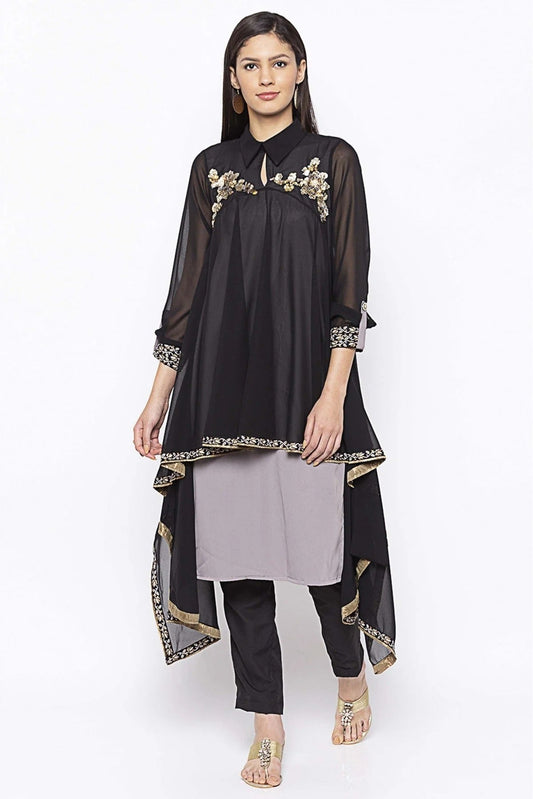 Black Plus Size Georgette Embroidery Kurta Set NCKR10710472