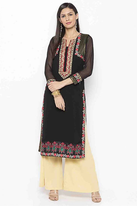 Black Plus Size Georgette Embroidery Kurti NCKR10710123