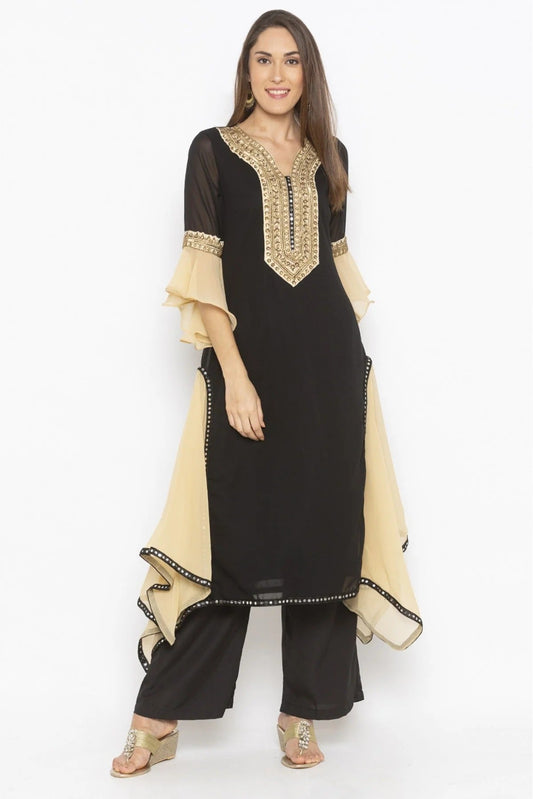 Black Plus Size Georgette Embroidery Kurti NCKR10710438