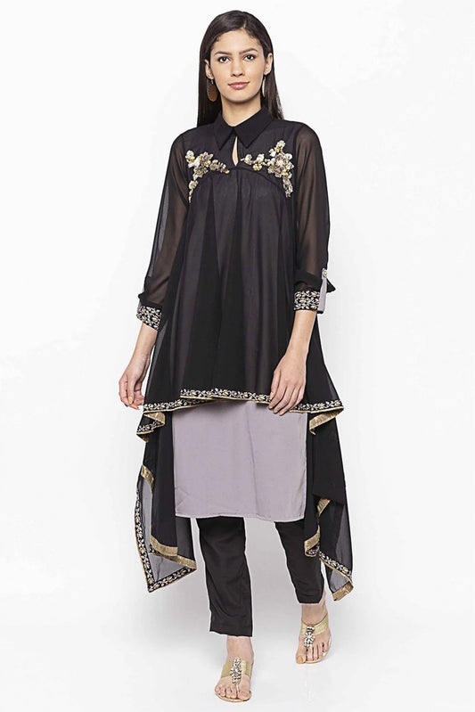 Black Plus Size Georgette Embroidery Kurti NCKR10710447