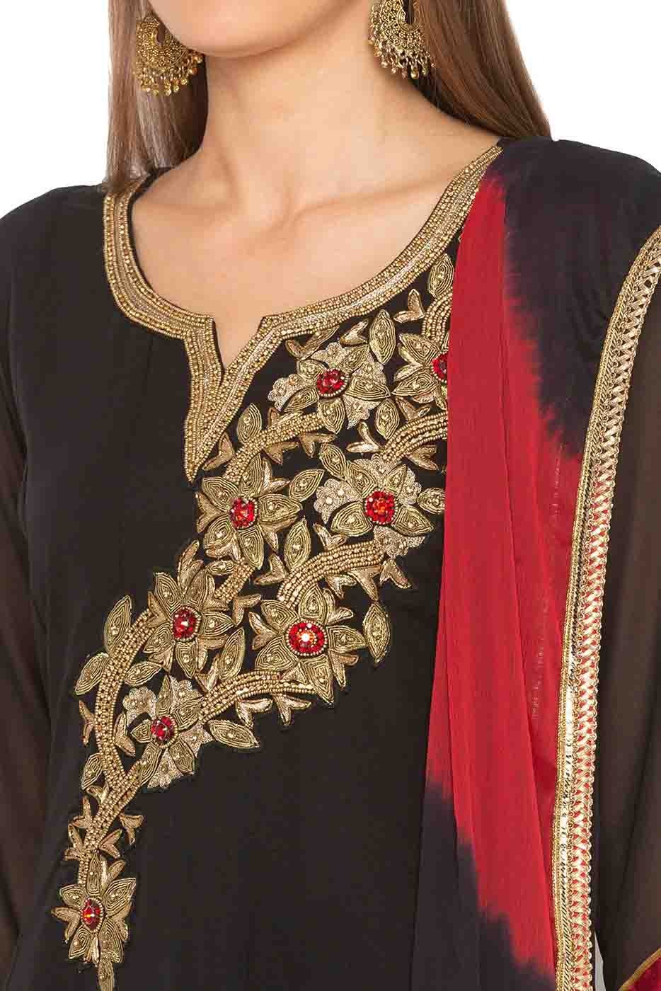 Black Plus Size Georgette Embroidery Palazzo Pant Suit NCSS10710545