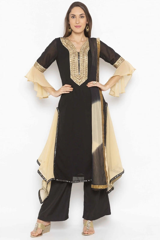 Black Plus Size Georgette Embroidery Palazzo Pant Suit NCSS10710656