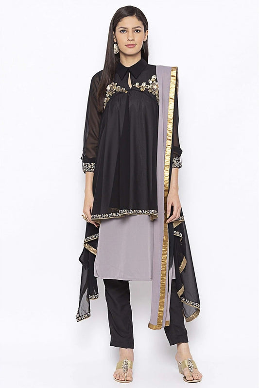 Black Plus Size Georgette Embroidery Pant Style Suit NCSS10710665