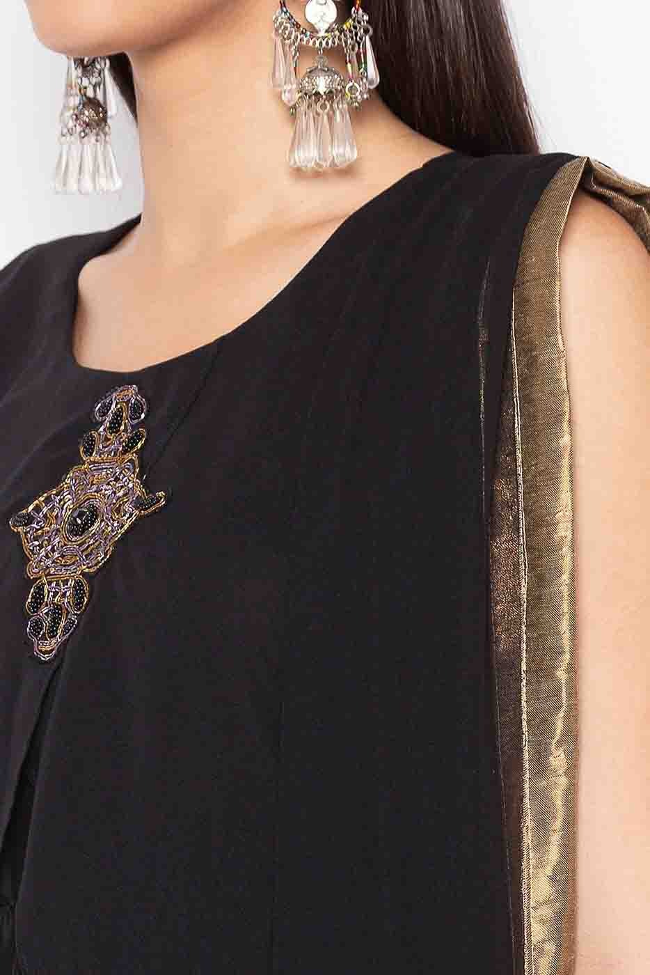 Black Plus Size Muslin Embroidery Churidar Suit NCSS10710555
