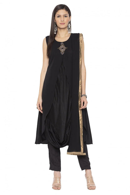 Black Plus Size Muslin Embroidery Churidar Suit NCSS10710555