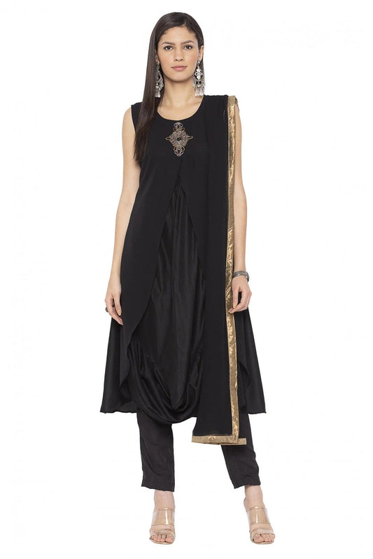 Black Plus Size Muslin Embroidery Churidar Suit NCSS10710555
