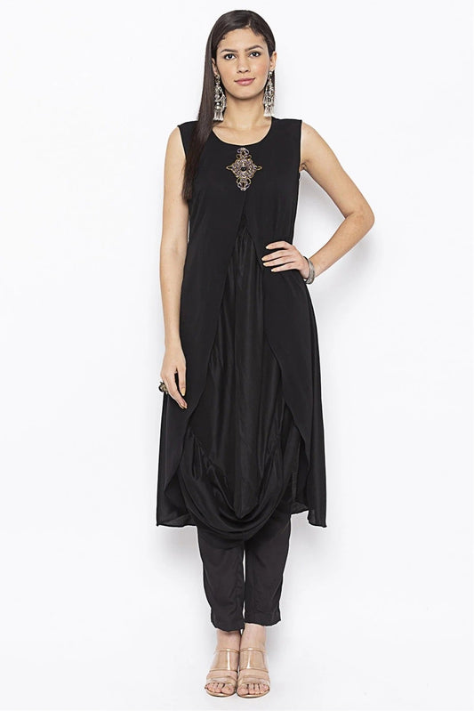 Black Plus Size Muslin Embroidery Kurta Set NCKR10710315