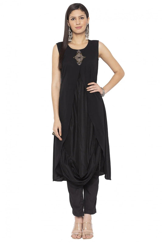 Black Plus Size Muslin Embroidery Kurti NCKR10710141