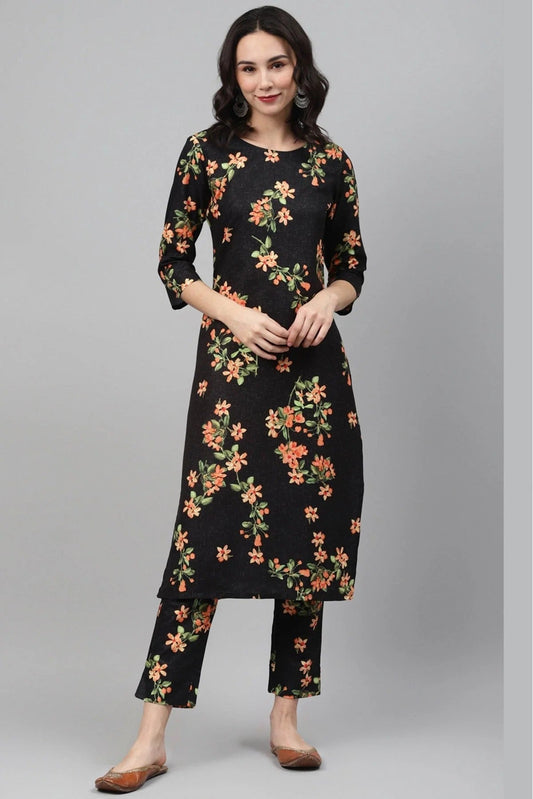 Black Plus Size Rayon Foil Print KurtiWith Pant Set NCKR10610132