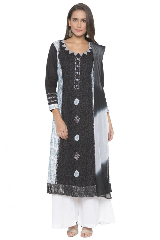 Black Plus Size Stitched Cotton Embroidery Palazzo Pant Suit NCSS10710573