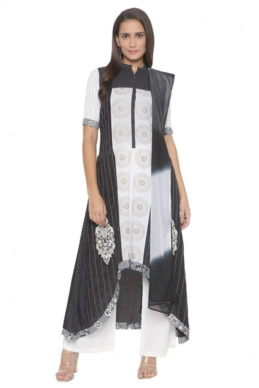 Black Plus Size Stitched Cotton Embroidery Palazzo Pant Suit NCSS10710579