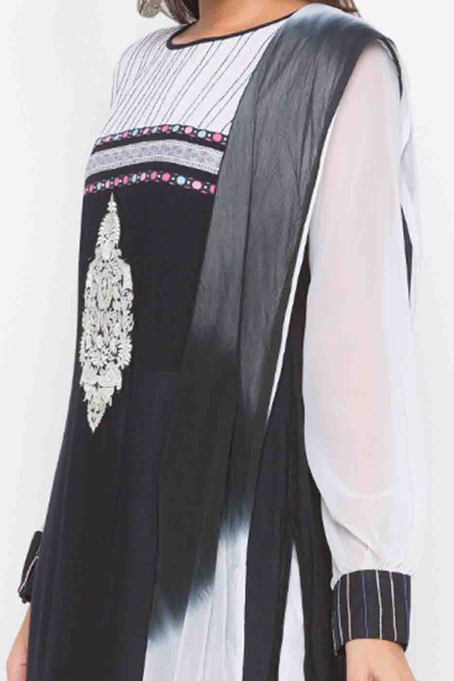 Black Plus Size Stitched Cotton Embroidery Palazzo Pant Suit NCSS10710582