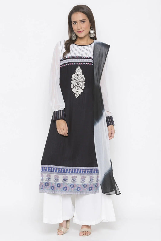 Black Plus Size Stitched Cotton Embroidery Palazzo Pant Suit NCSS10710582