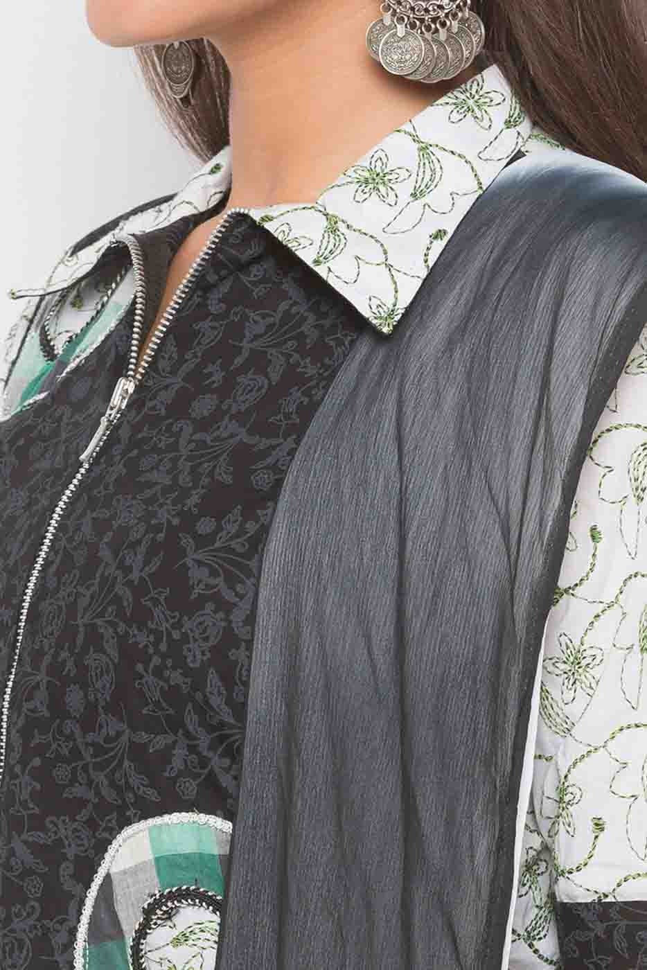 Black Plus Size Stitched Cotton Embroidery Palazzo Pant Suit NCSS10710587