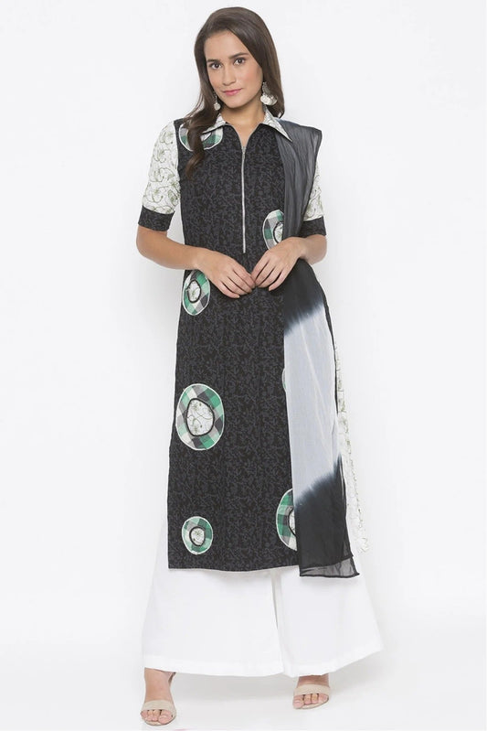Black Plus Size Stitched Cotton Embroidery Palazzo Pant Suit NCSS10710587
