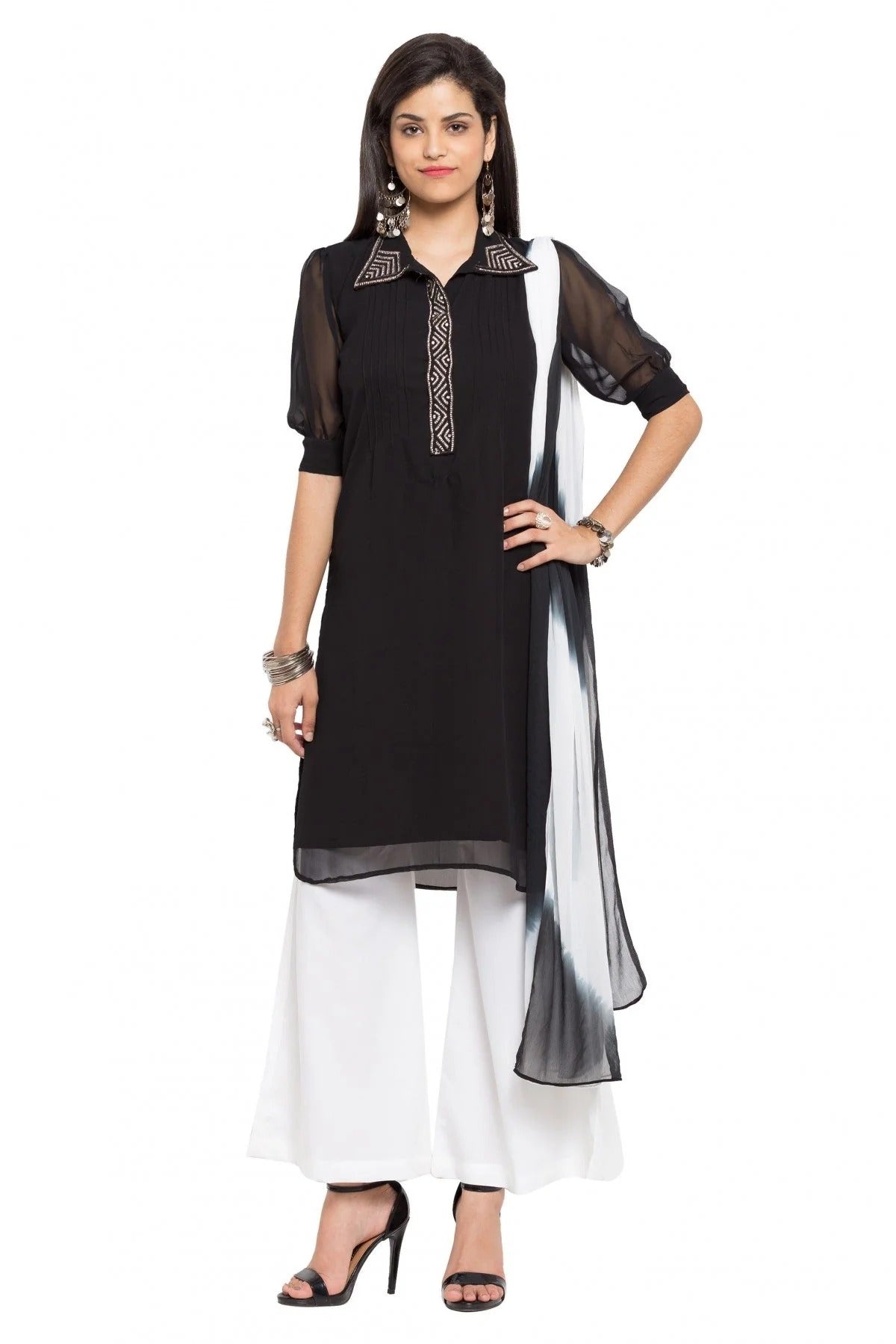 Black Plus Size Stitched Faux Georgette Palazzo Pant Suit NCSS10710475