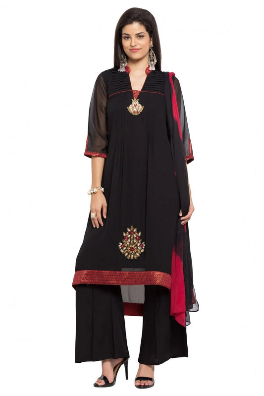 Black Plus Size Stitched Faux Georgette Palazzo Pant Suit NCSS10710477
