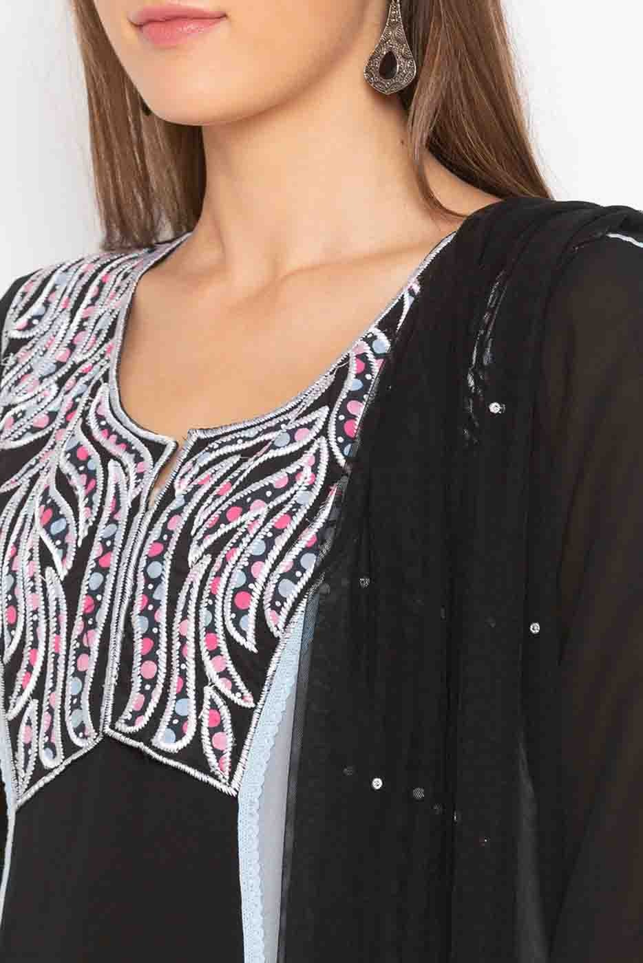 Black Plus Size Stitched Georgette Embroidery Palazzo Pant Suit NCSS10710526