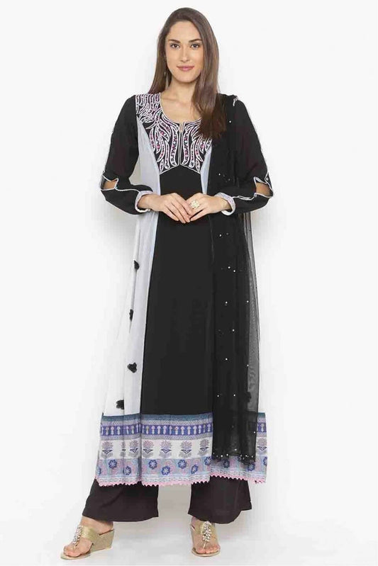 Black Plus Size Stitched Georgette Embroidery Palazzo Pant Suit NCSS10710526