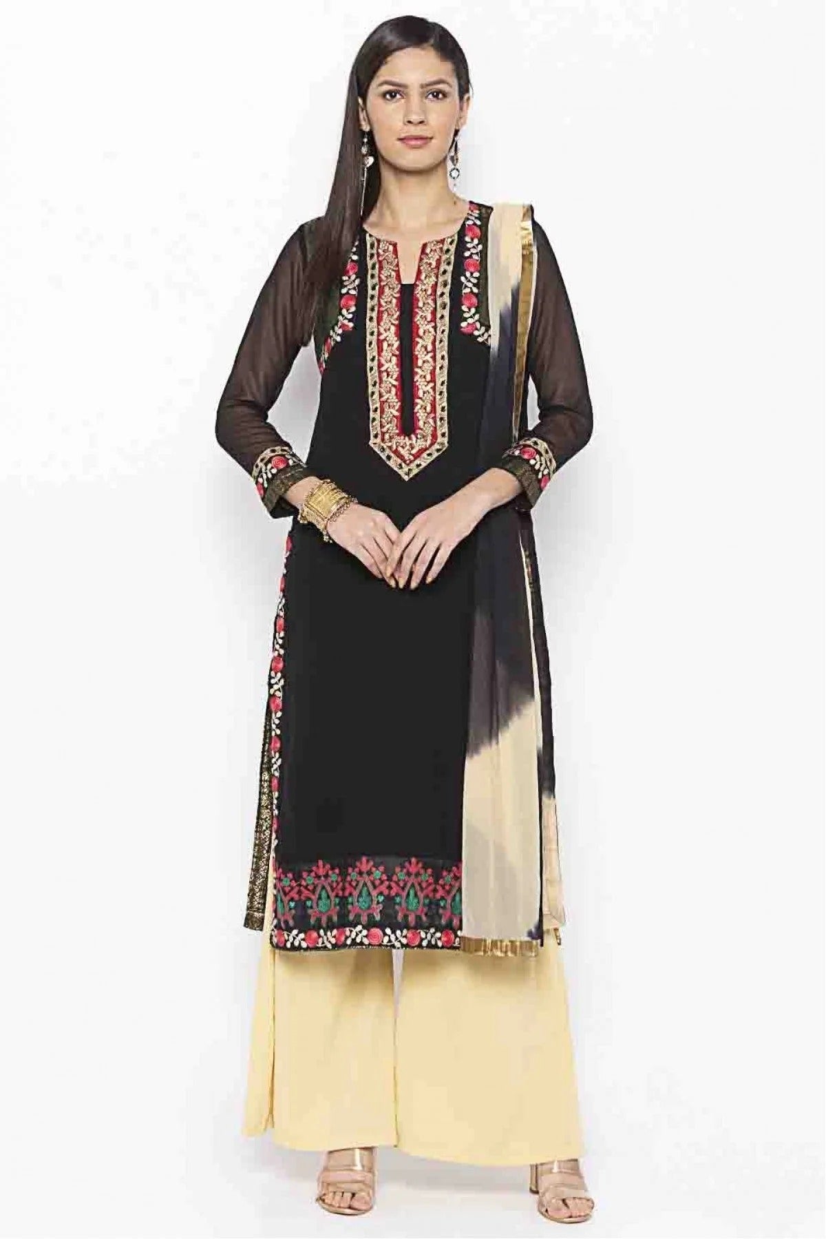 Black Plus Size Stitched Georgette Embroidery Palazzo Pant Suit NCSS10710539