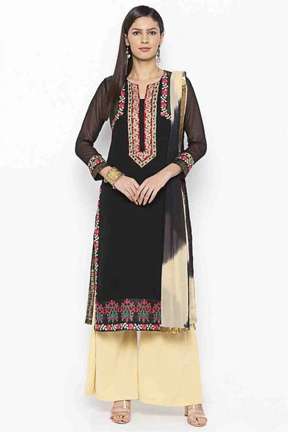 Black Plus Size Stitched Georgette Embroidery Palazzo Pant Suit NCSS10710539
