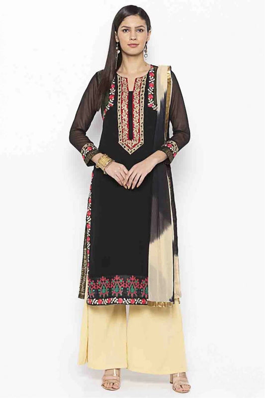 Black Plus Size Stitched Georgette Embroidery Palazzo Pant Suit NCSS10710539