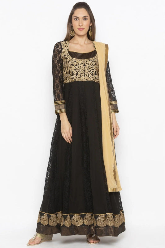 Black Plus Size Stitched Net Embroidery Anarkali Suit NCSS10710594