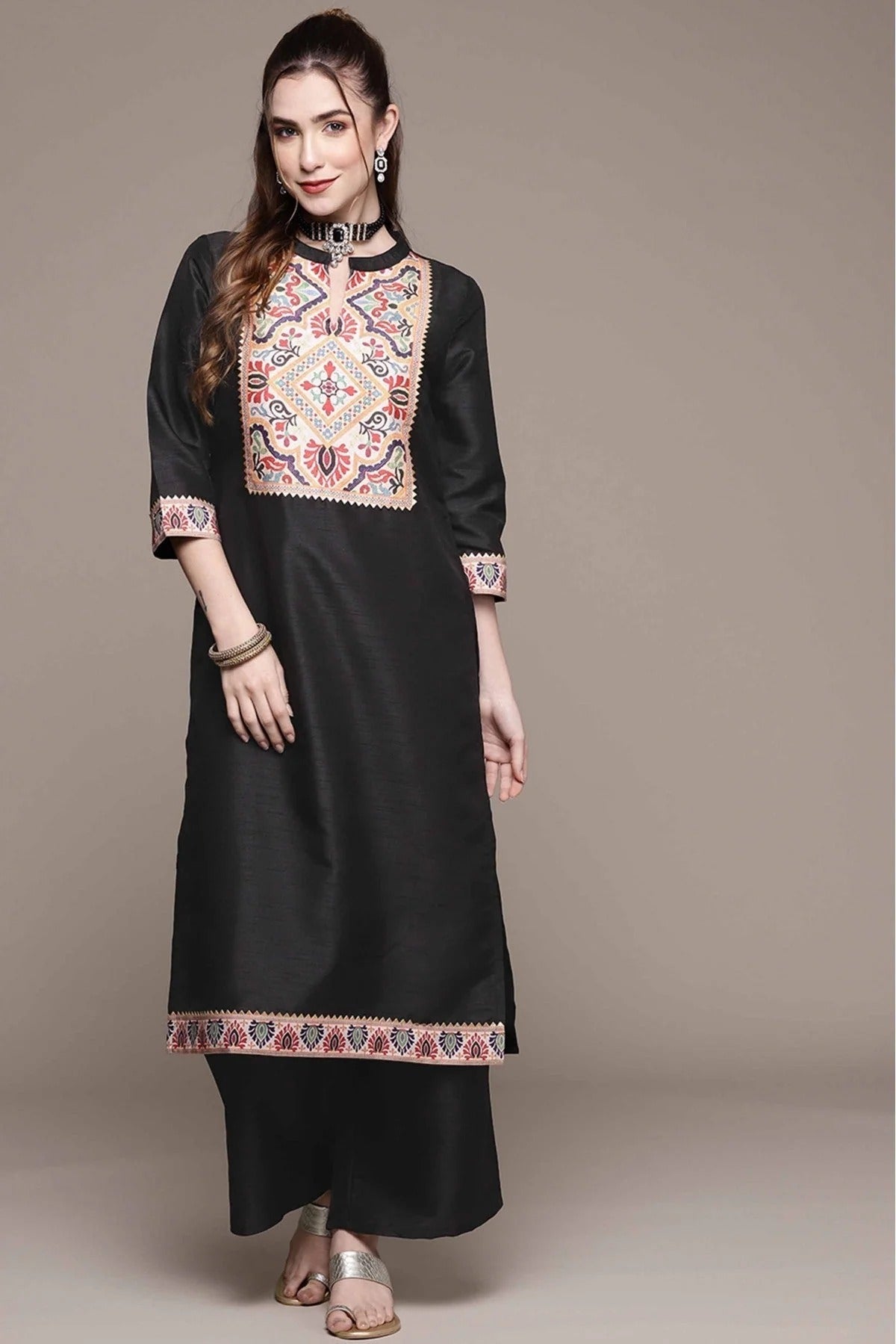 Black Poly Silk Printed Kurta With Palazzo NCKR10610115