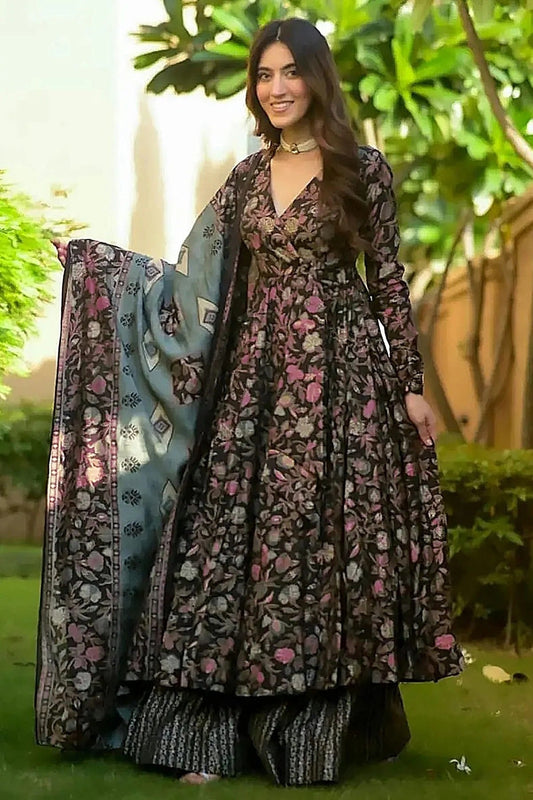 Black Printed Muslin Stitched Suit NCSS11111301
