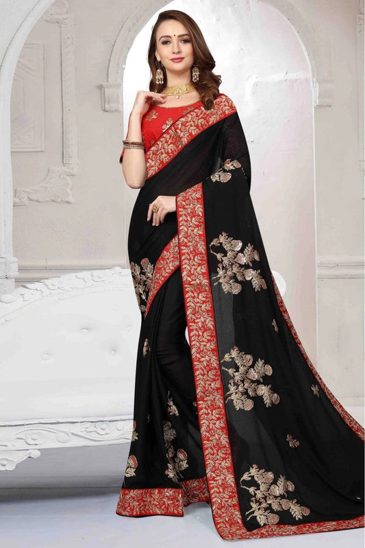 Black Pure Satin Designer Saree NCSD11210615
