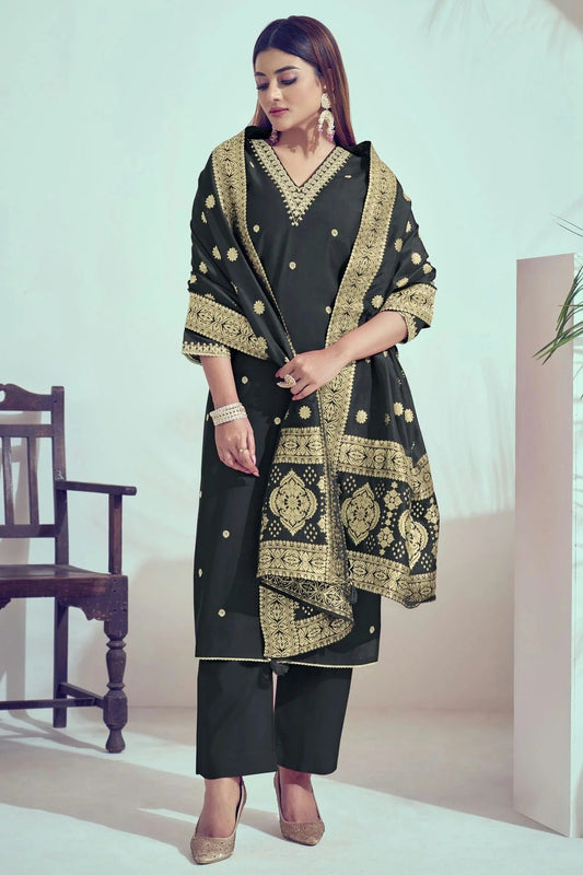 Black Roman Silk Stitched Salwar Suit NCSS11111597
