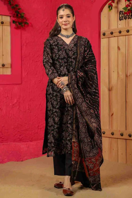 Black Roman Slub Printed Pant Style Suit NCSS11110310