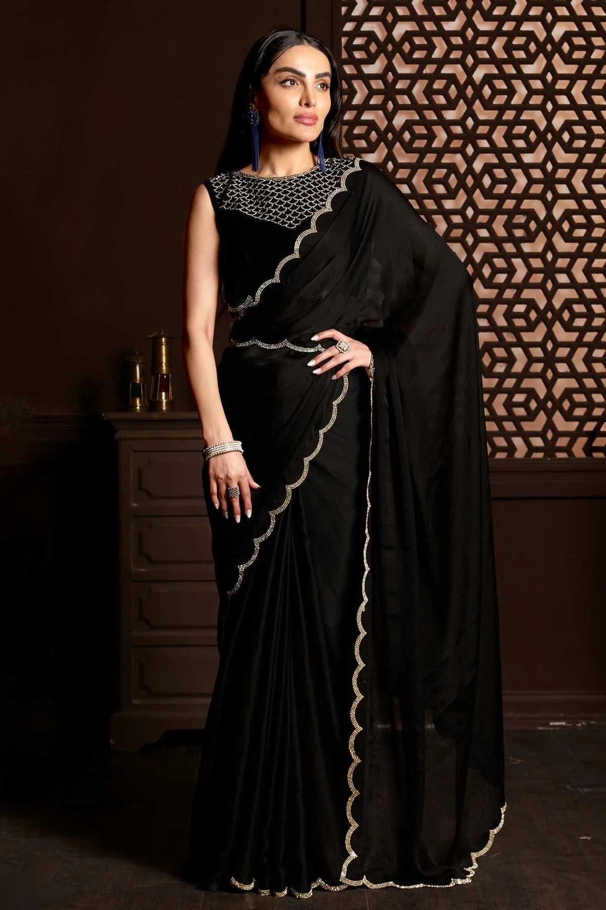 Black Satin Silk Chiffon Designer Saree NCLC11210406