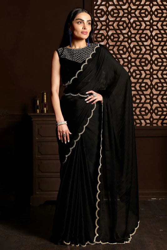 Black Satin Silk Chiffon Designer Saree NCLC11210406