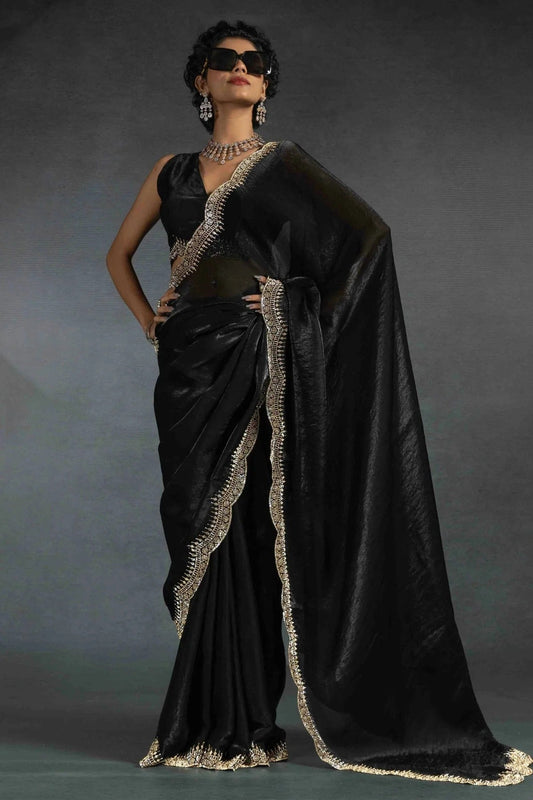 Black Satin Silk Designer Saree NCSD11210150