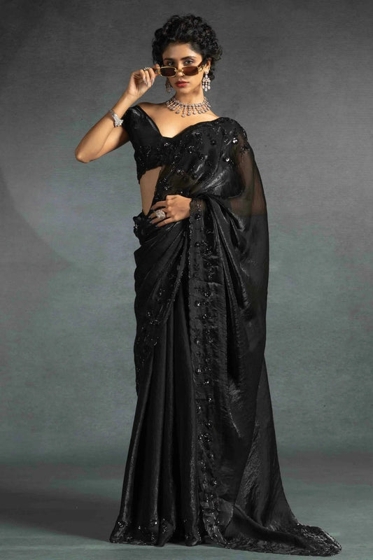 Black Satin Silk Designer Saree NCSD11210168