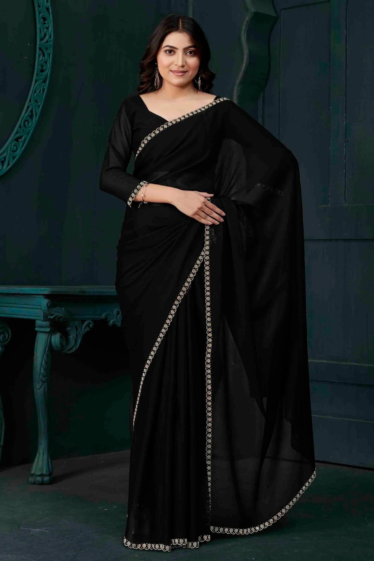 Black Satin Silk Designer Saree NCSD11210175