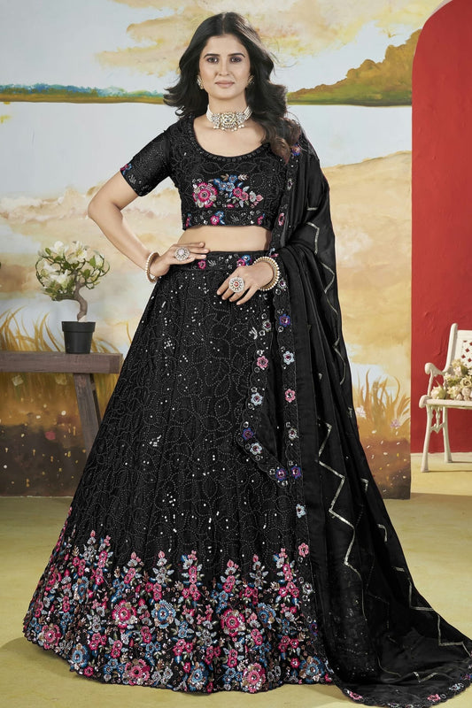 Black Semi Stitched Chinon Lehenga Choli NCLC11111255