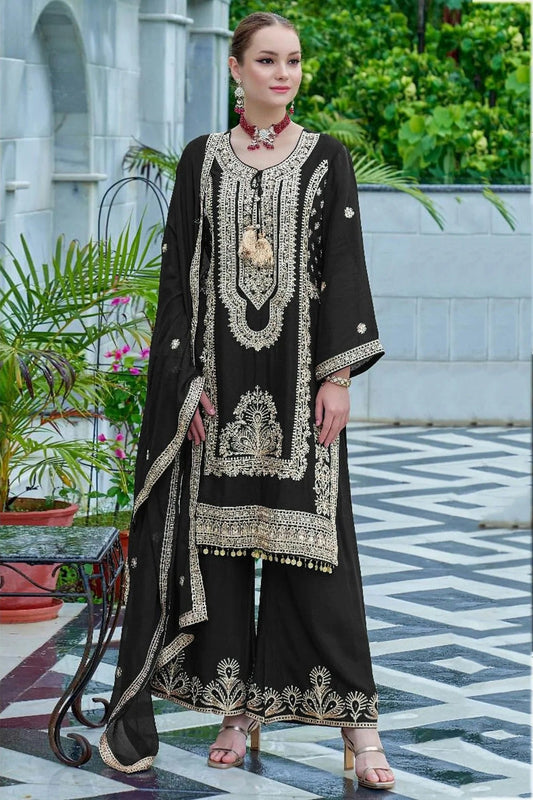 Black Semi Stitched Chinon Palazzo Pant Suit NCSM11410336